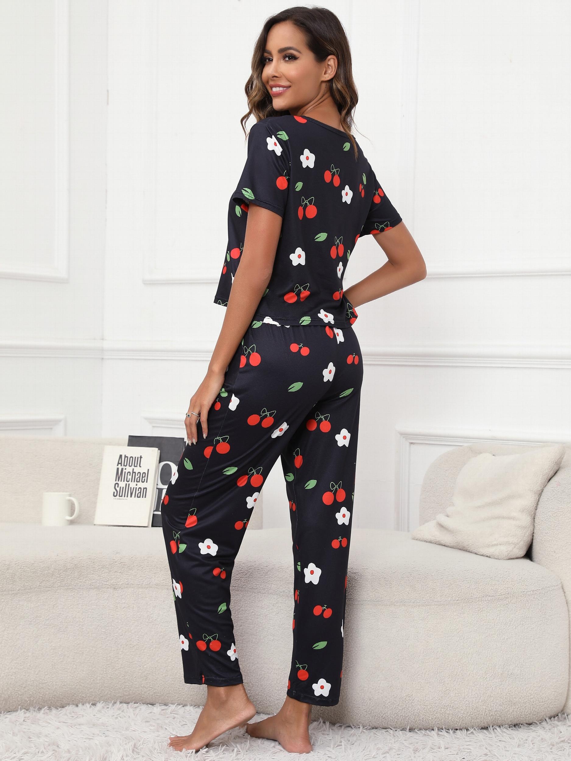 Floral & Cherry Print Pajama Set Short Sleeve Top & Pants Women's Sleepwear