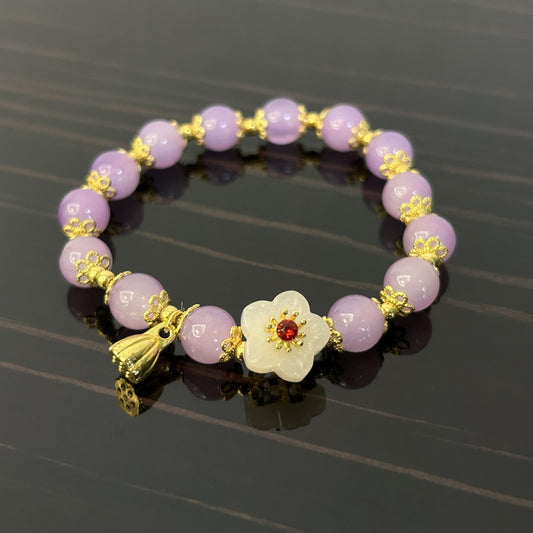 Purple Bead Bracelet with Peach Blossom & Lotus - Ideal Gift for Her