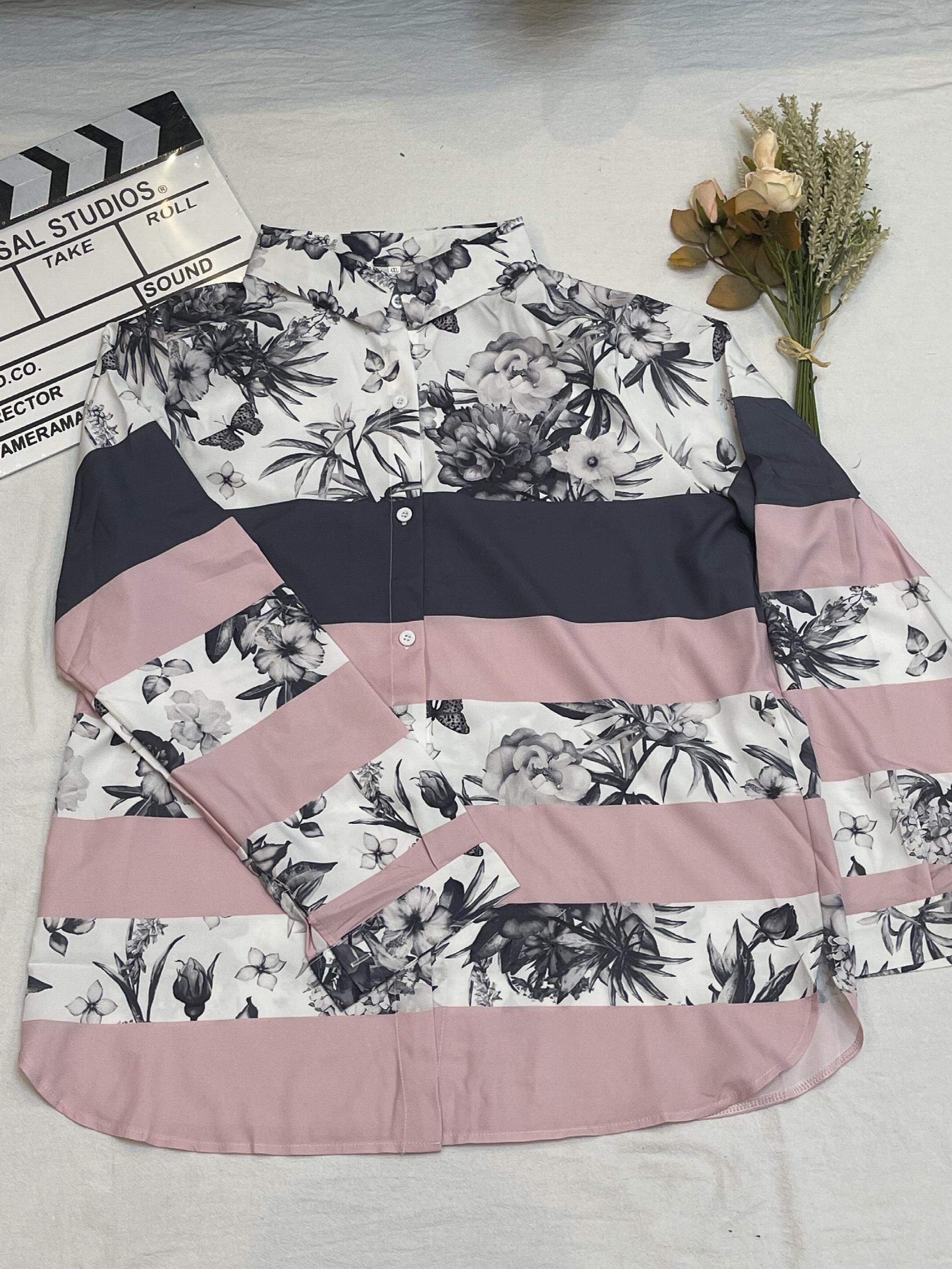 Colorblock Floral Print Button Up Blouse