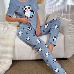 Panda Print Pajama Set Short Sleeve Crew Neck Top & Pants