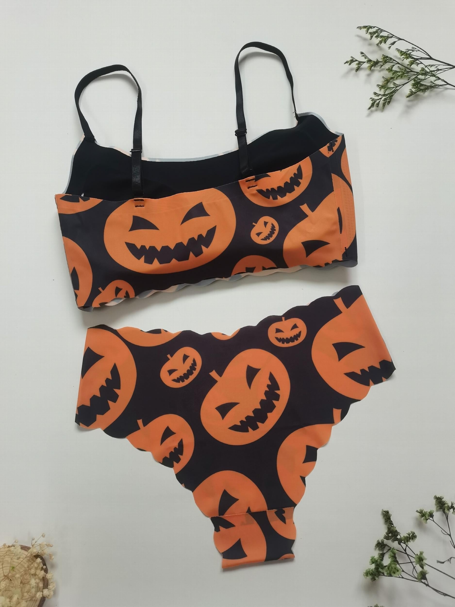 Pumpkin Print Bra & Panties Halloween Set