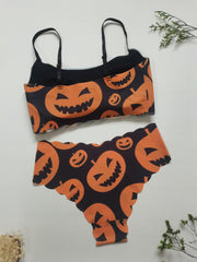 Pumpkin Print Bra & Panties Halloween Set