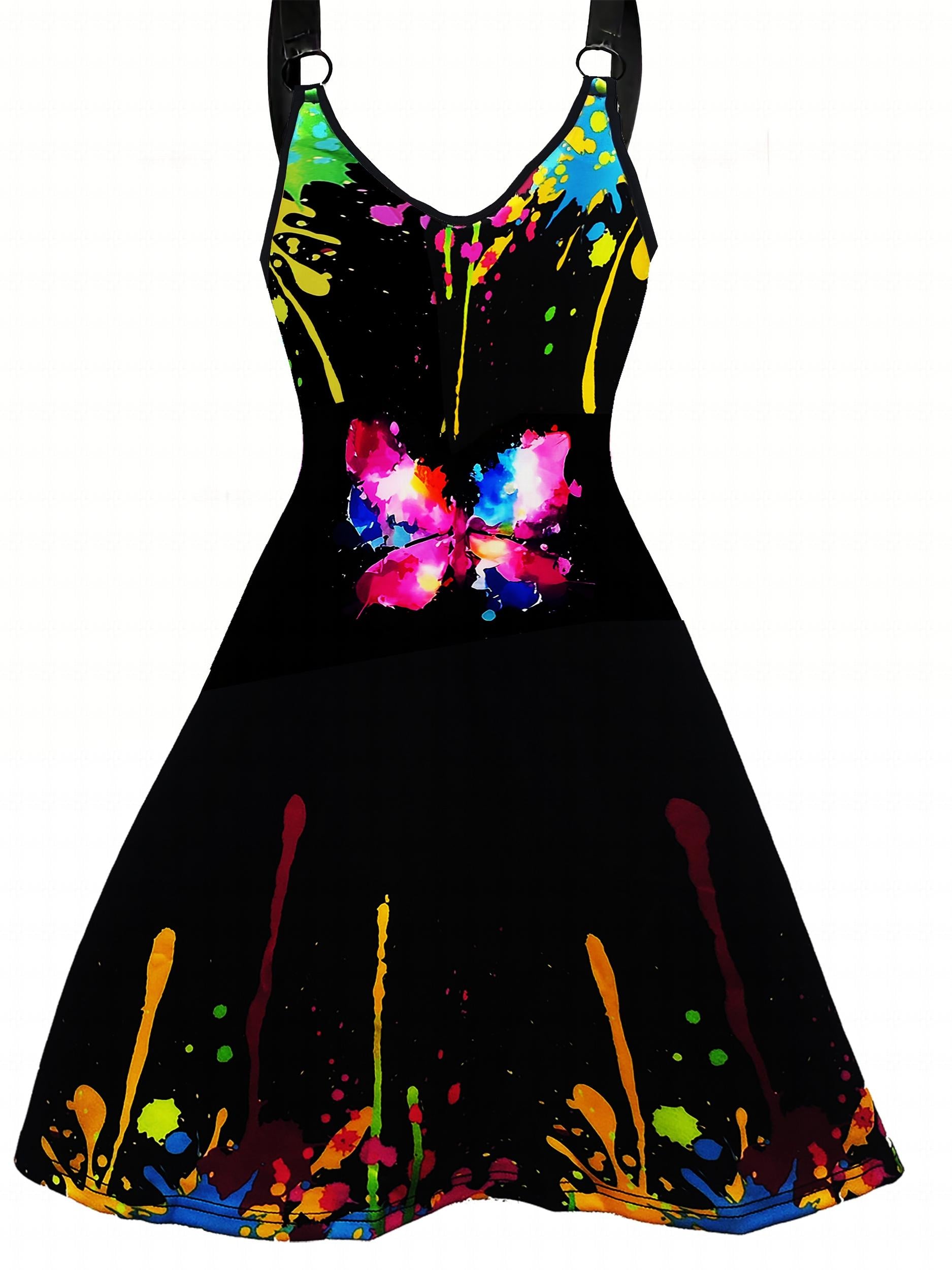 Sexy Dress Splash Painting & Butterfly Print V Neck A line Dress