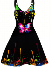 Sexy Dress Splash Painting & Butterfly Print V Neck A line Dress