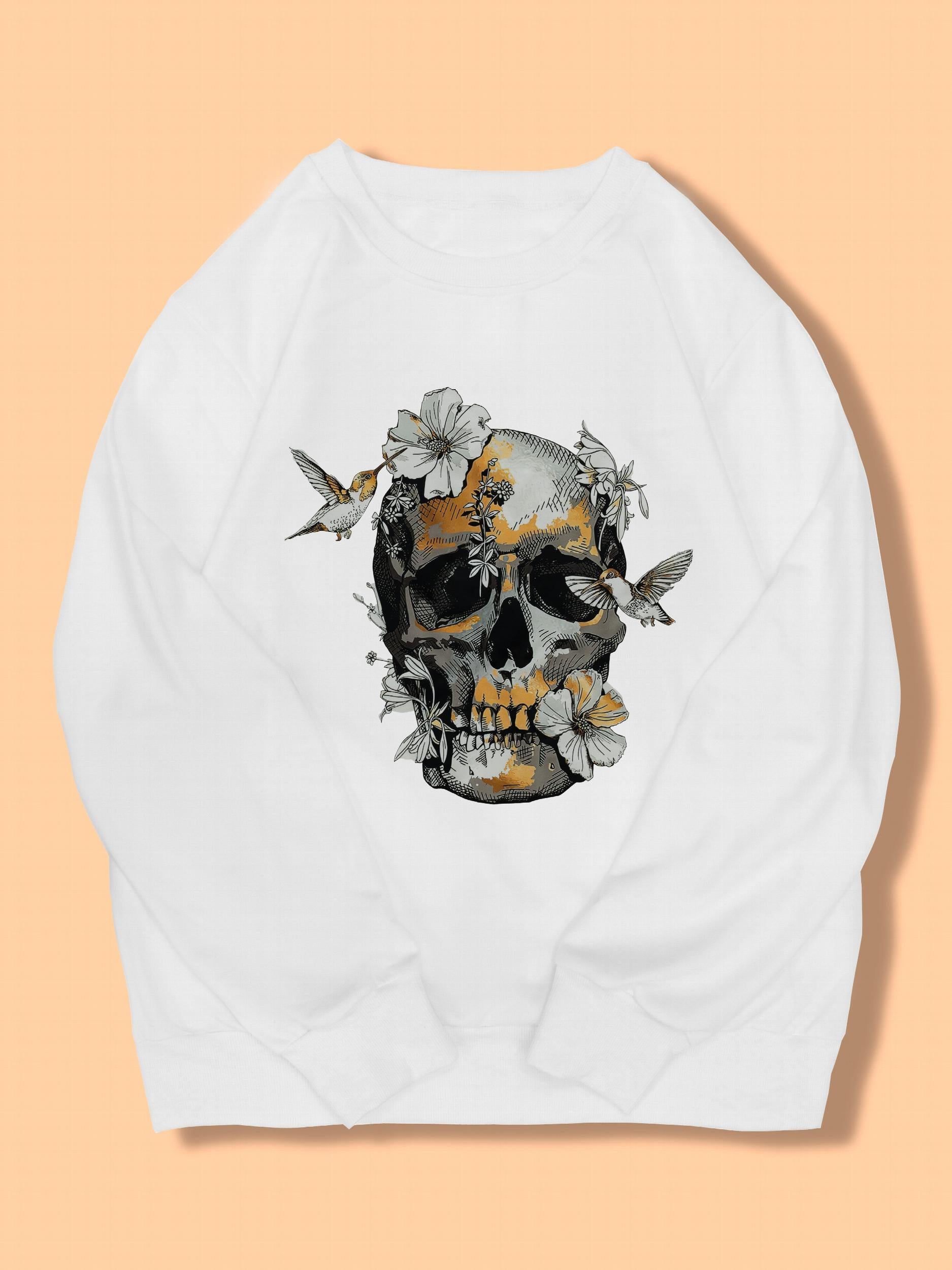 Skull Print Pullover Sweatshirt Long Sleeve Crew Neck