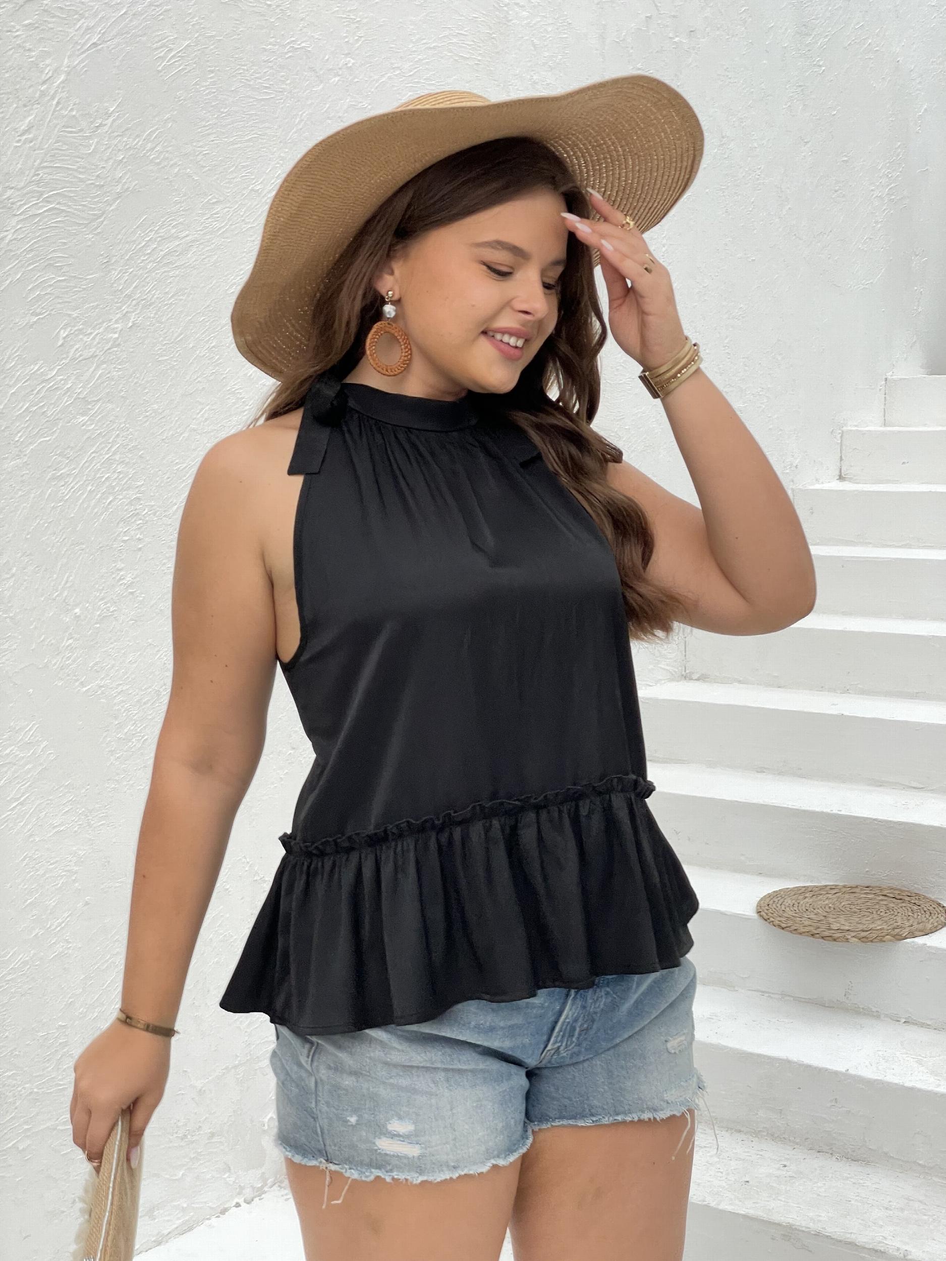 Solid Ruffle Trim Knot Halter Neck Tank Top