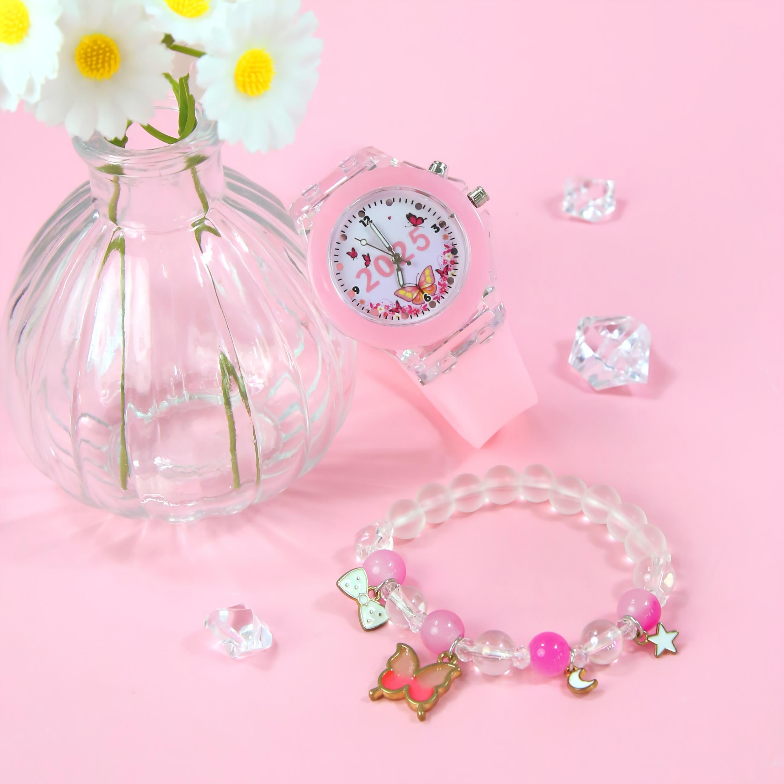 Girls' Quartz Watch & Bracelet Set LED Glow in Dark Butterfly Beads