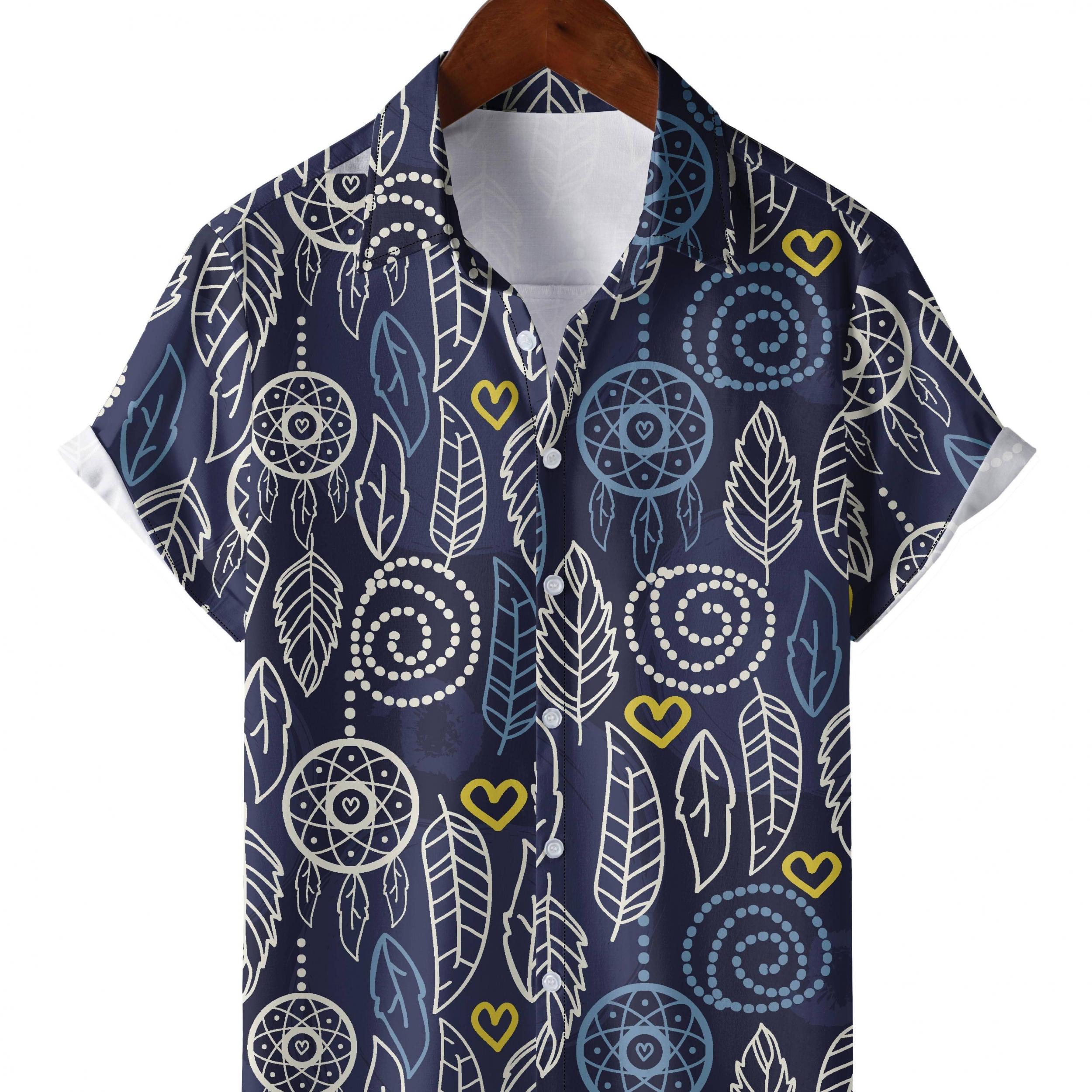 Men's Leaf Pattern Hawaiian Shirt Short Sleeve Casual Button Up