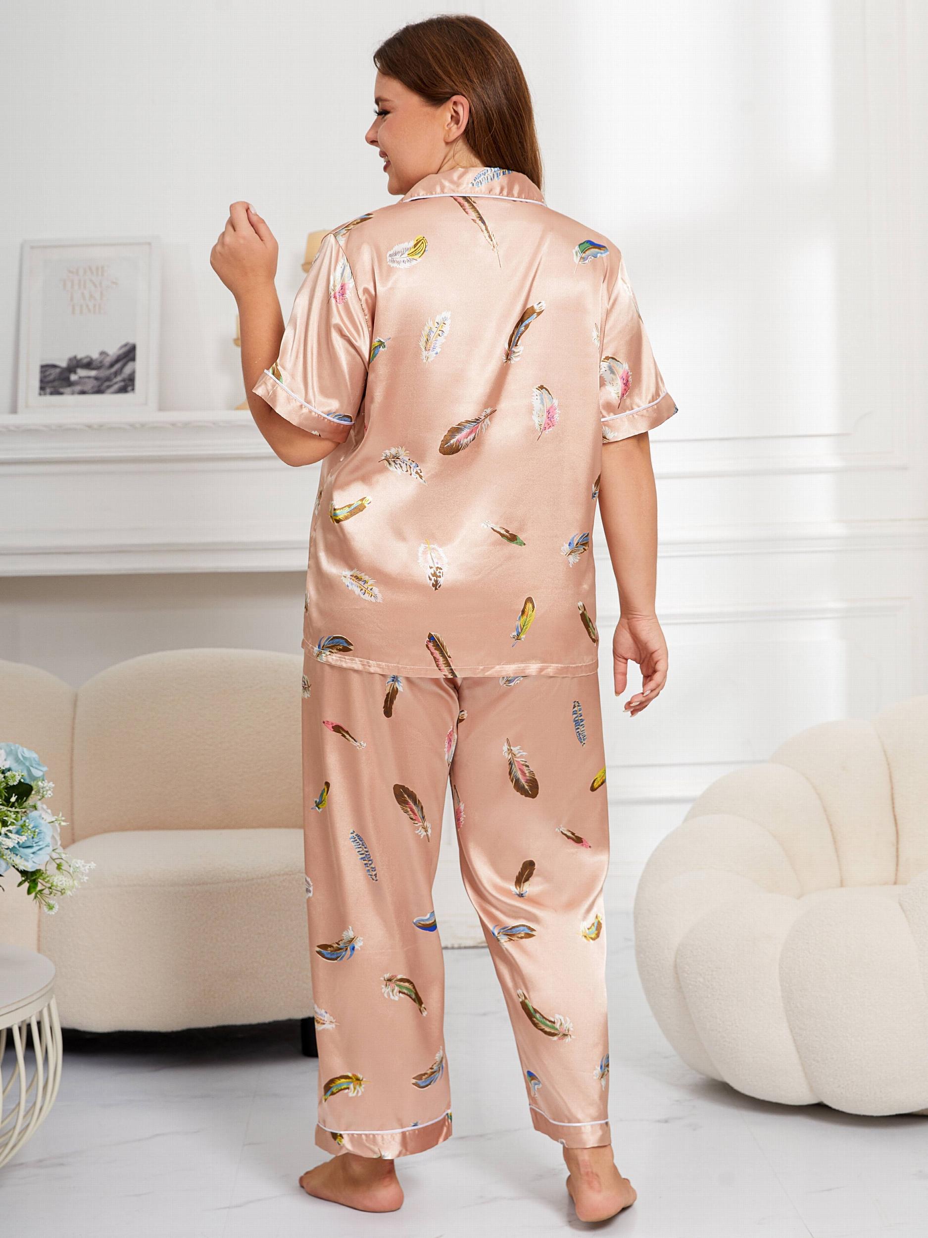 Feather Print Button Up Shirt & Pants Pajama Set