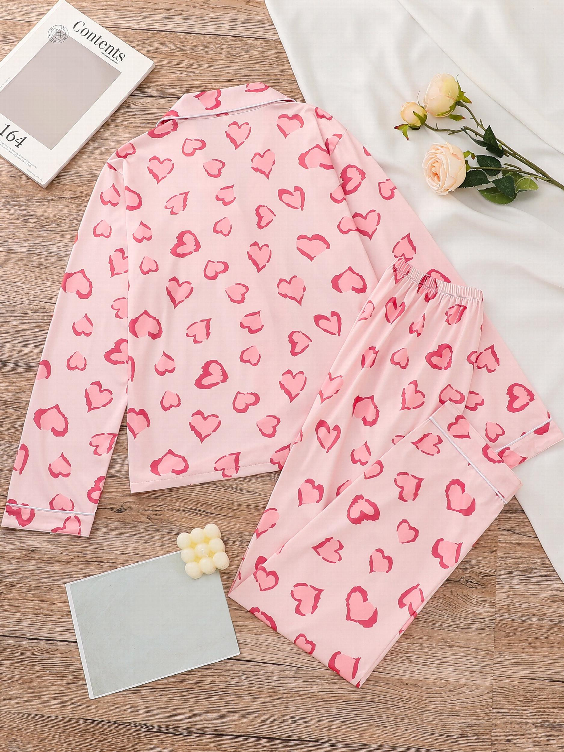 Heart Print Pajama Set Long Sleeve Buttons Top & Elastic Waistband Pants