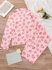 Heart Print Pajama Set Long Sleeve Buttons Top & Elastic Waistband Pants