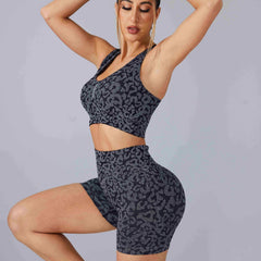 Leopard Print Sports Set Crop Top & High Waist Leggings Women's Activewear