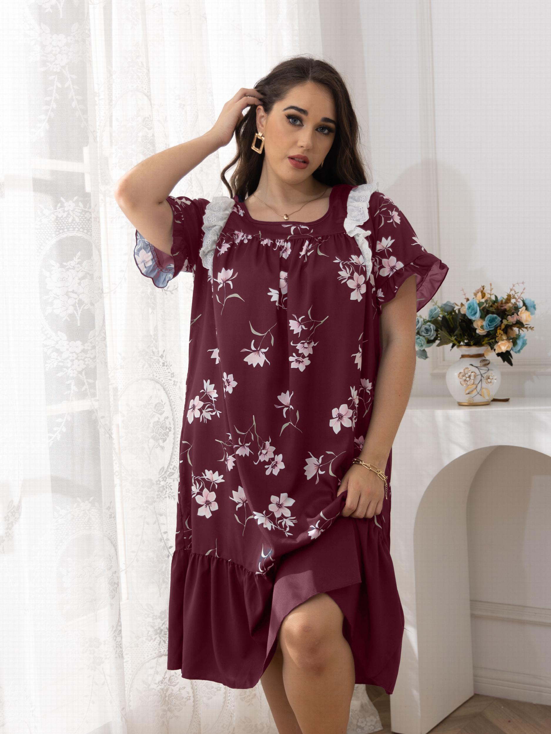 Nightdress Women's Plus Floral Print Lace Trim Short Sleeve