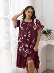 Nightdress Women's Plus Floral Print Lace Trim Short Sleeve