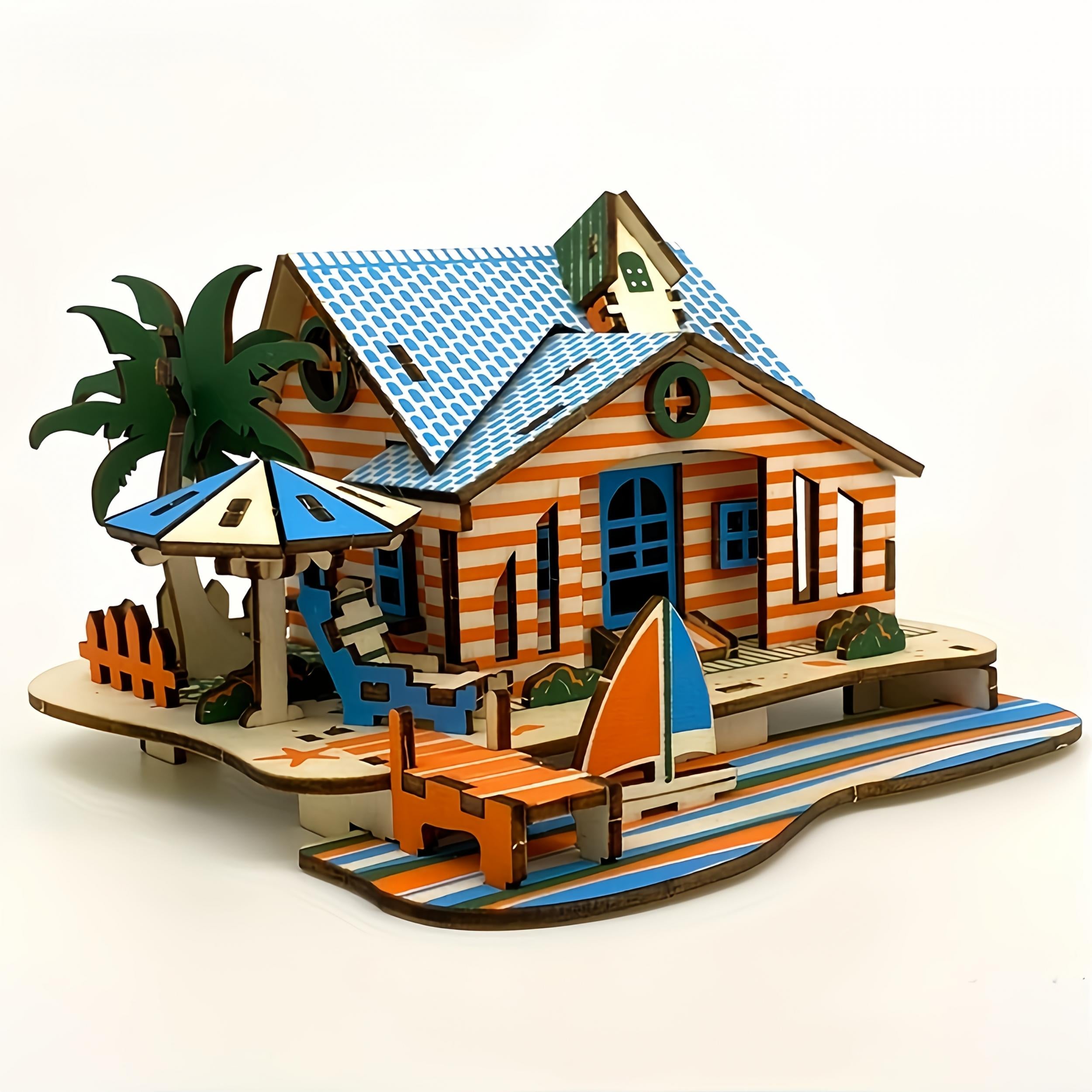 3D Wooden Beach House Puzzle DIY Toy Orange & Striped Theme