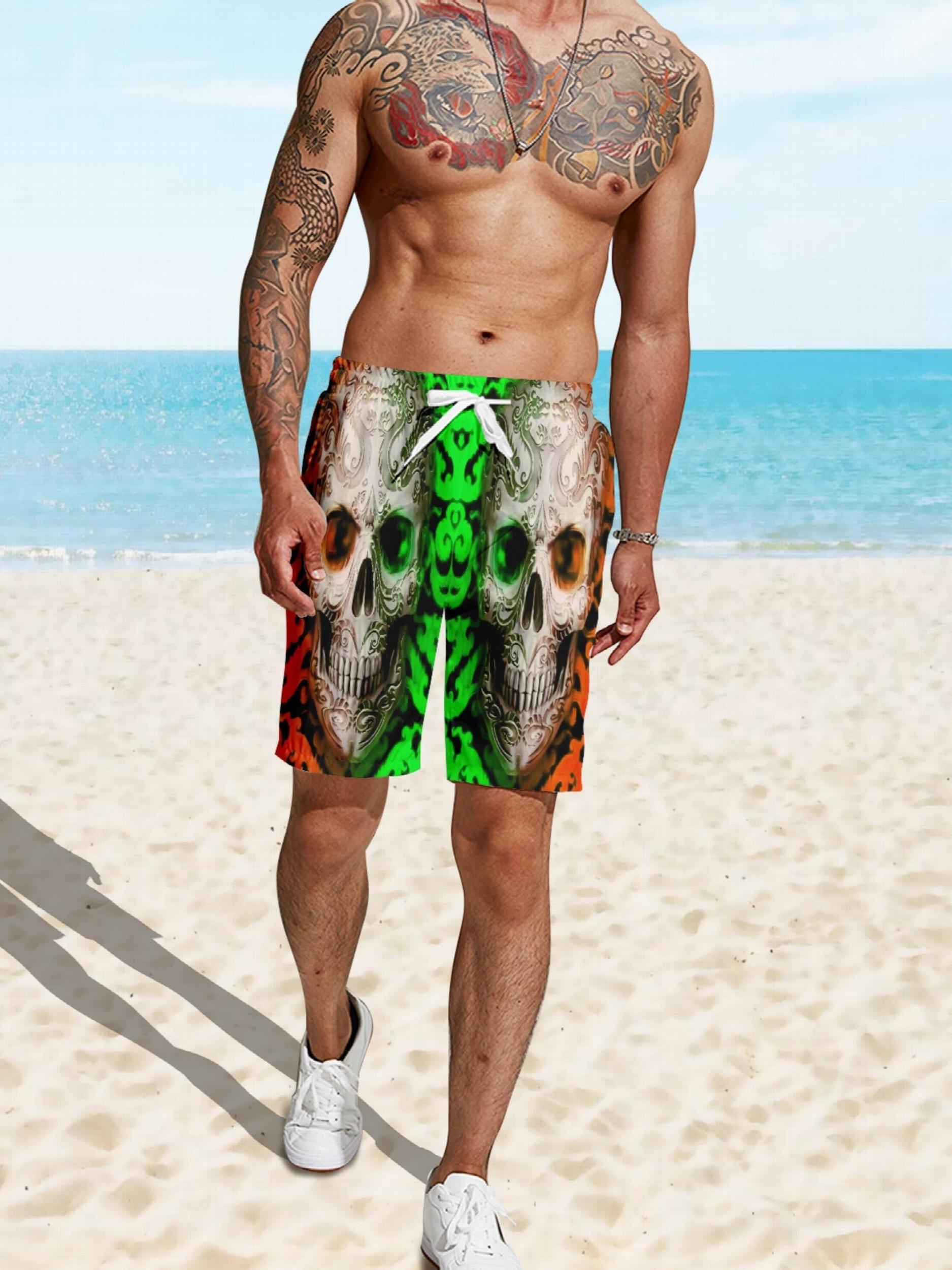 Quick Dry Drawstring Men's Swim Trunks Skulls Print Board Shorts