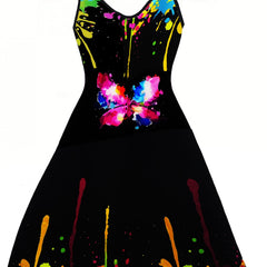 Sexy Dress Splash Painting & Butterfly Print V Neck A line Dress