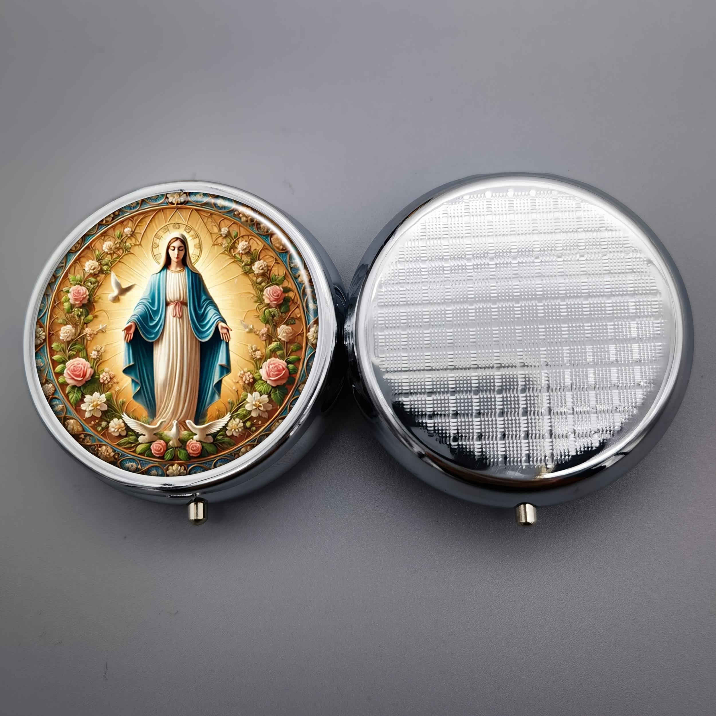 Virgin Mary Metal Pill Box 3 Compartment Portable Organizer