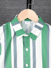 Vertical Stripe Pattern Boy's 2pcs Short Sleeve Shirt & Shorts Set