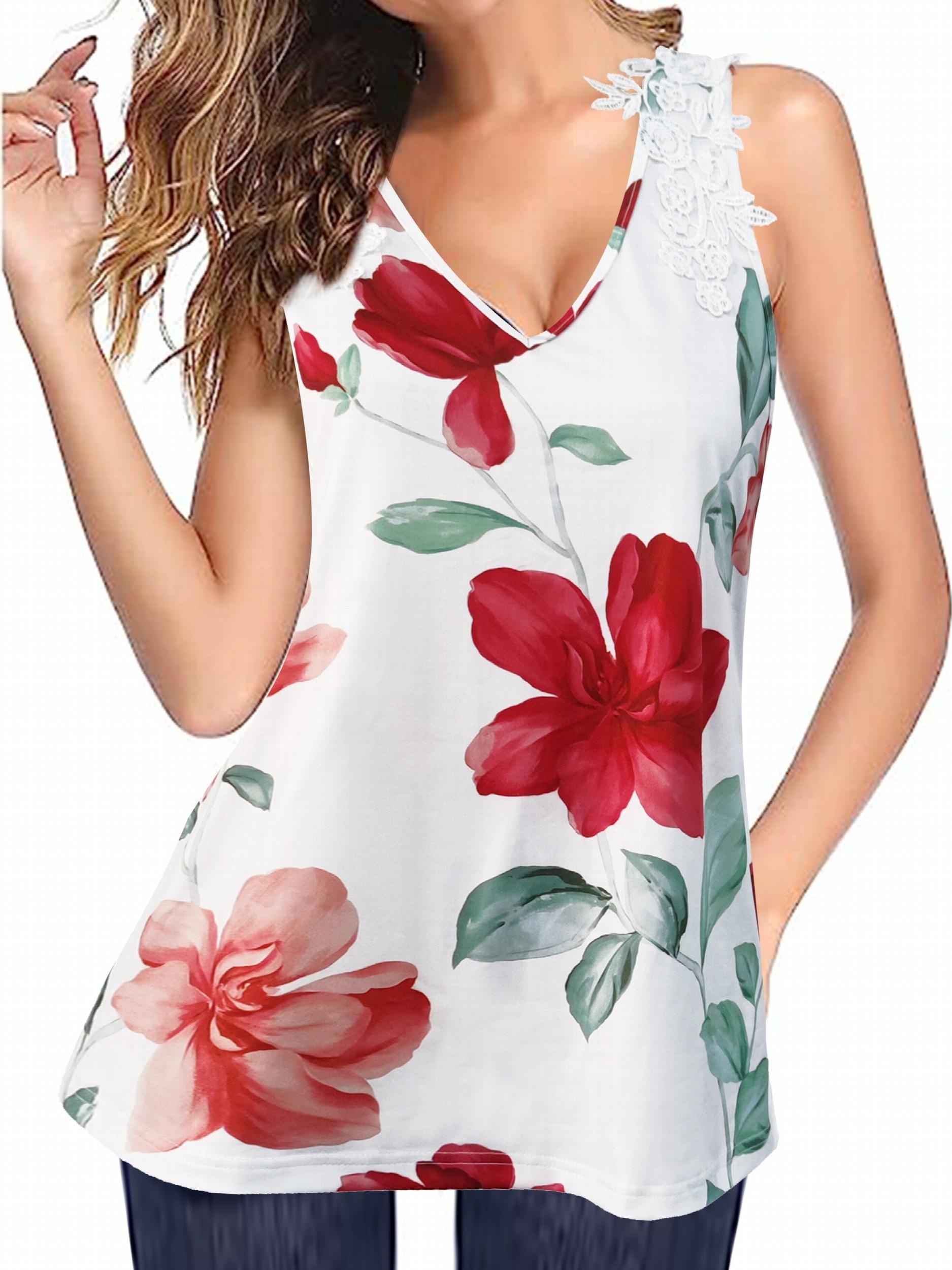 Floral Print Lace Tank Top Sleeveless Summer V-Neck