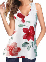 Floral Print Lace Tank Top Sleeveless Summer V-Neck