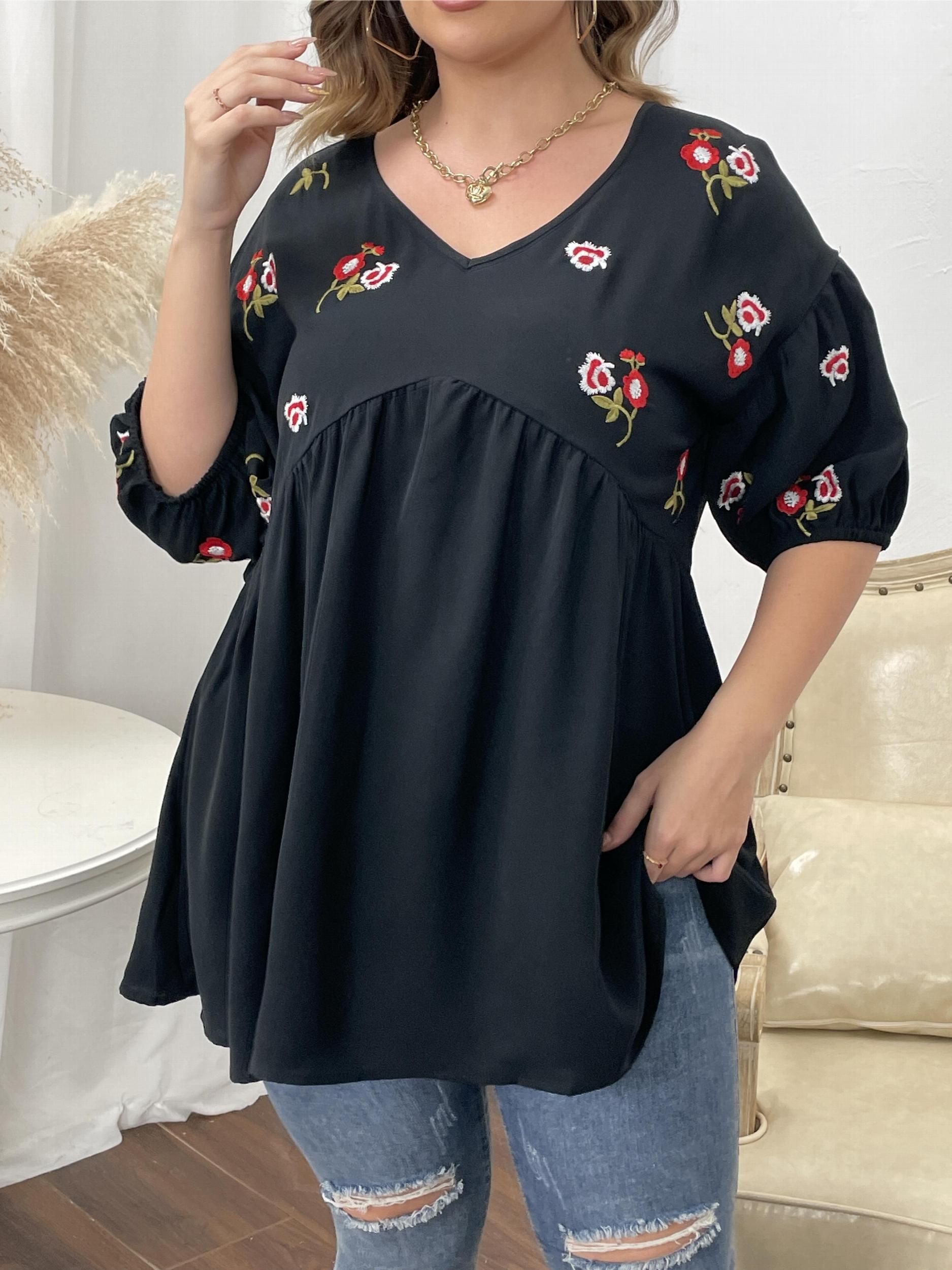 Floral Print V Neck Half Sleeve Peplum Blouse Women's Plus Casual Loose Fit Tops