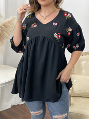 Floral Print V Neck Half Sleeve Peplum Blouse Women's Plus Casual Loose Fit Tops