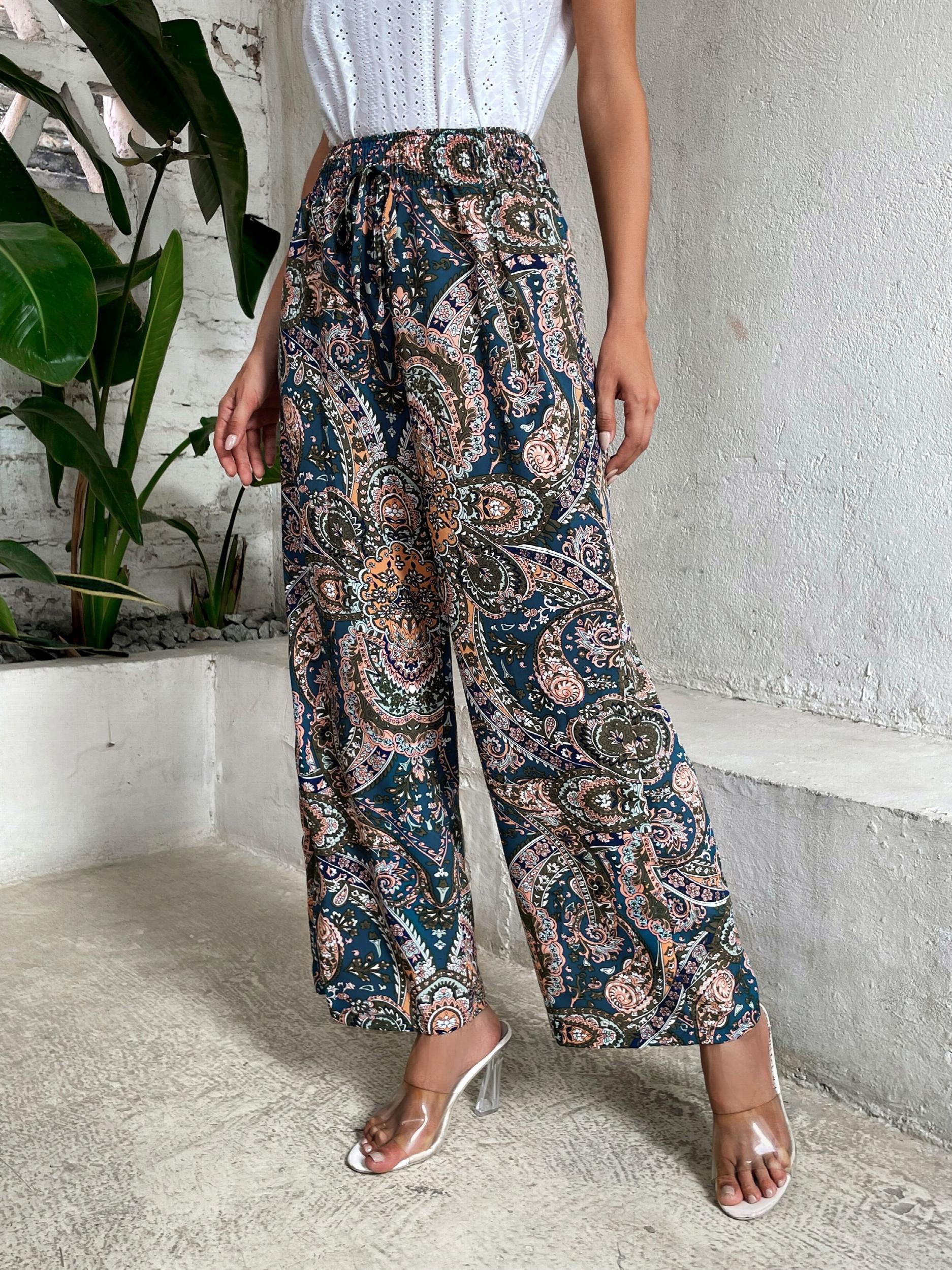 Paisley Print Wide Leg Pants Boho Shirred Waist Pants