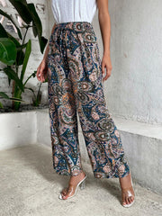 Paisley Print Wide Leg Pants Boho Shirred Waist Pants