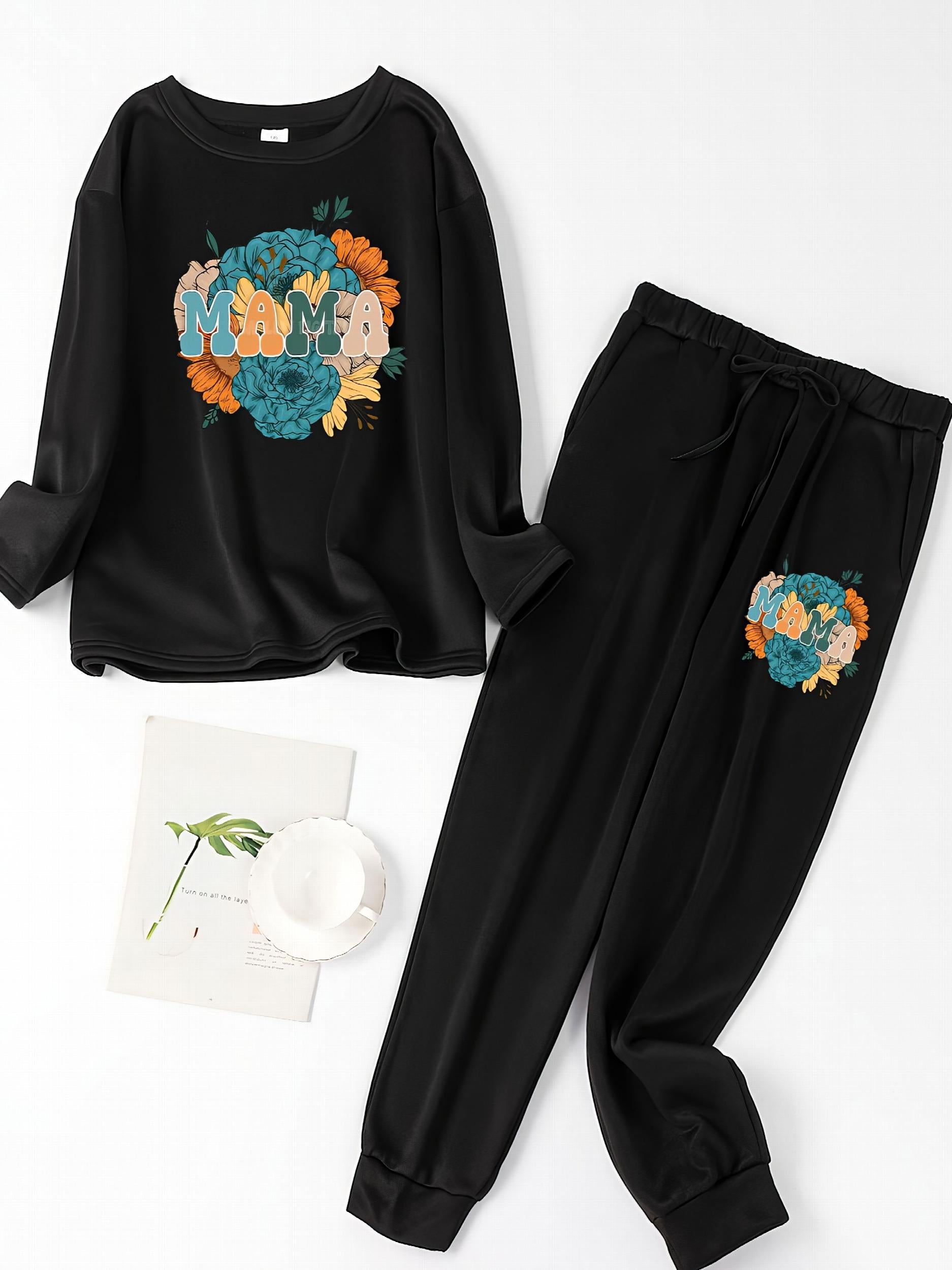 Floral & Letter Print Tee & Joggers Pajamas Set