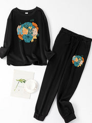 Floral & Letter Print Tee & Joggers Pajamas Set
