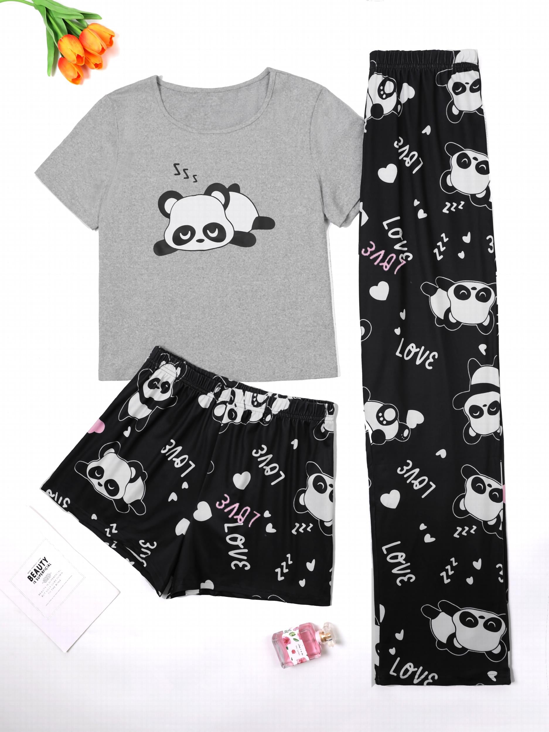 Panda Print Loungewear Set with Tee, Shorts & Pants
