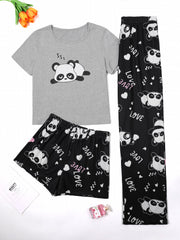 Panda Print Loungewear Set with Tee, Shorts & Pants