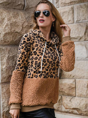 Leopard Colorblock Teddy Fuzzy Hoodie