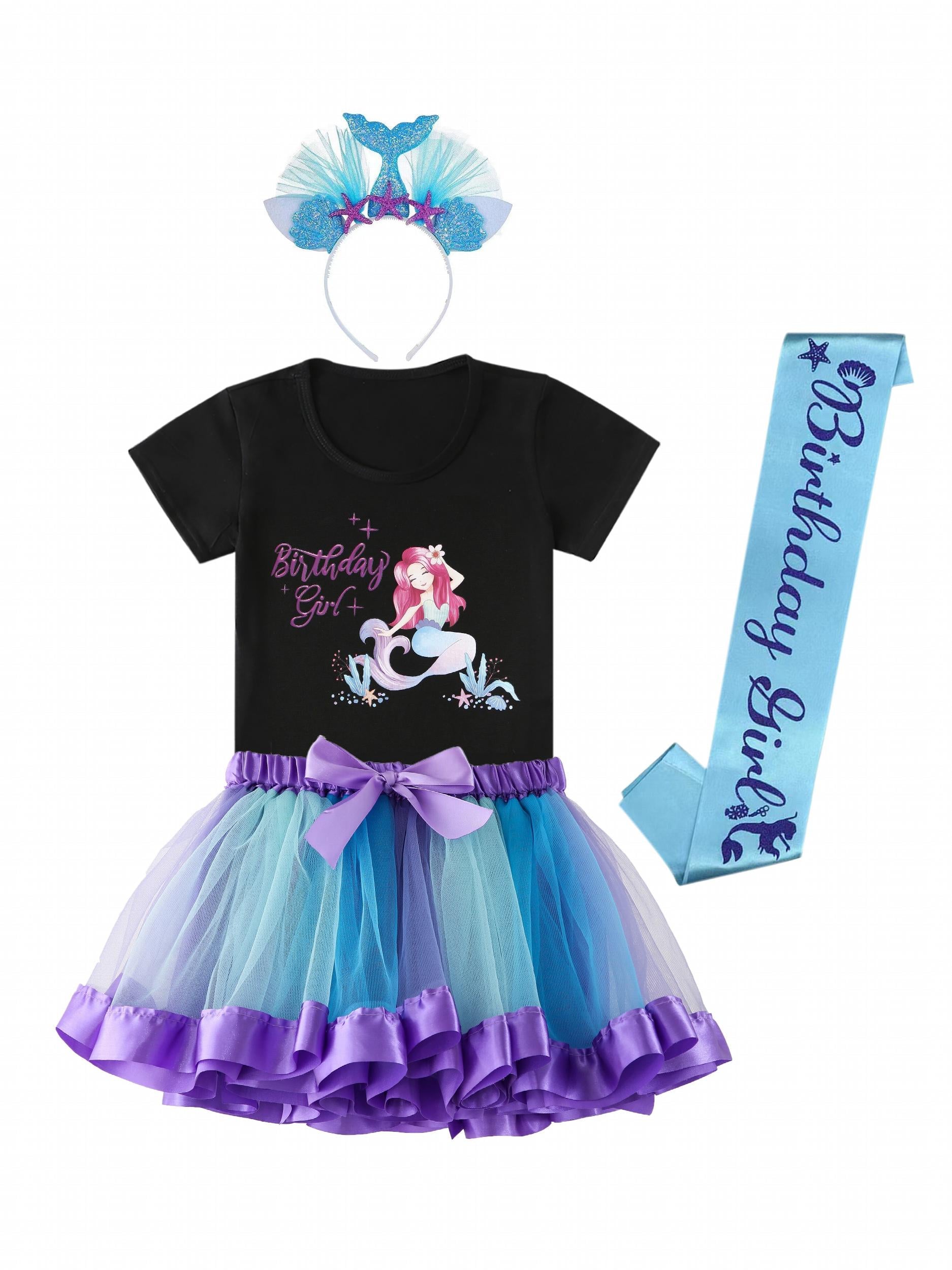 4pcs Toddler Girls Mermaid Graphic T Shirt & Mesh Tutu Skirt Set