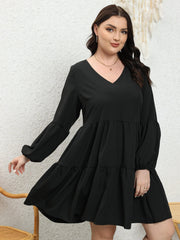 V Neck Mini Smock Dress Lantern Sleeve