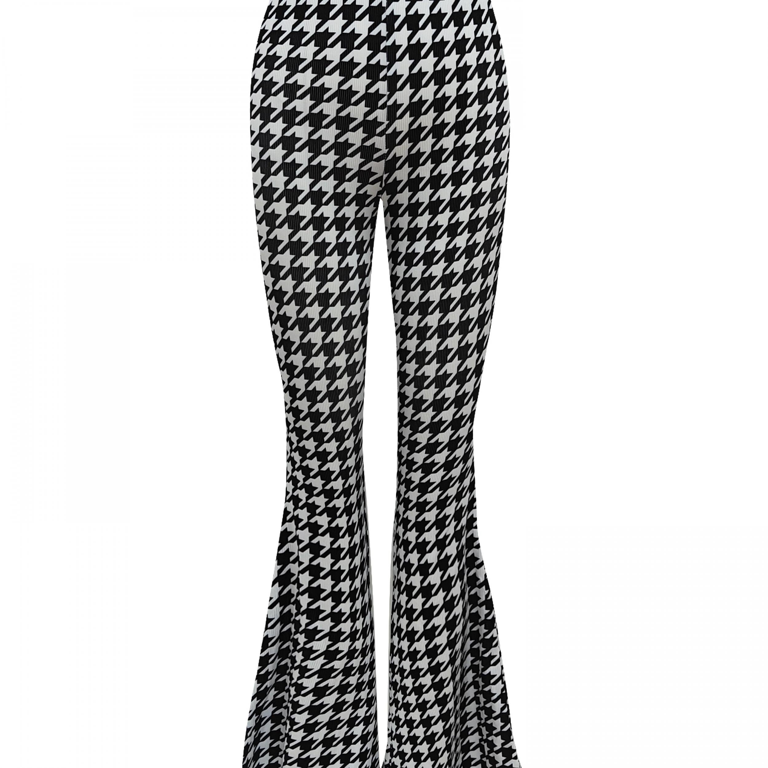 Houndstooth Print Flare Pants High Stretch Bell Bottom Sports Pants