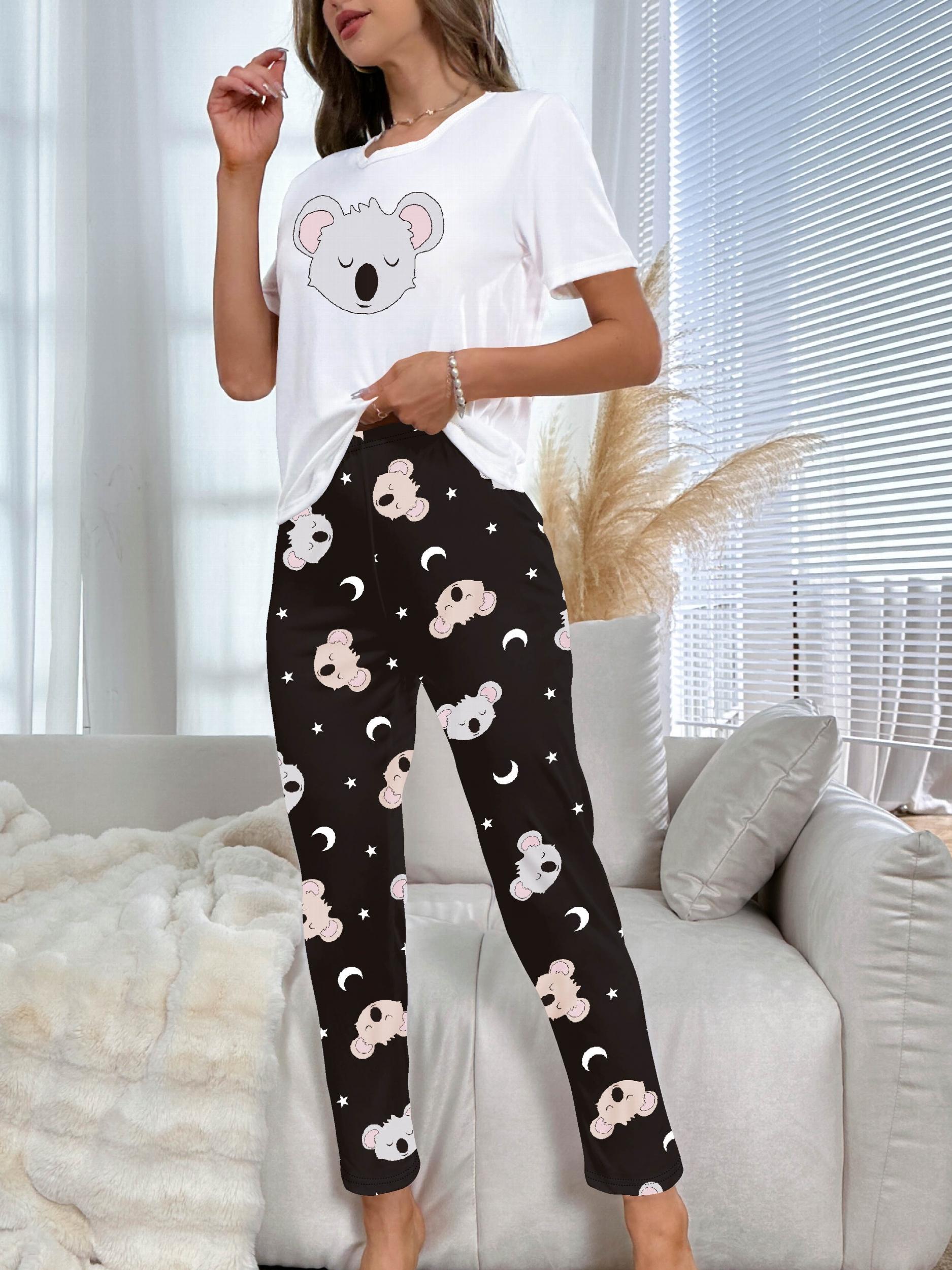 Cartoon Koala Print Pajama Set Short Sleeve Top & Pants