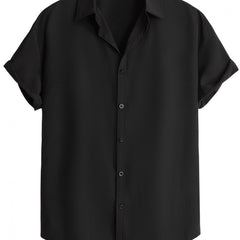 Men's Casual Solid Tee Shirt Button Short Sleeve Loose Work Business Shirt