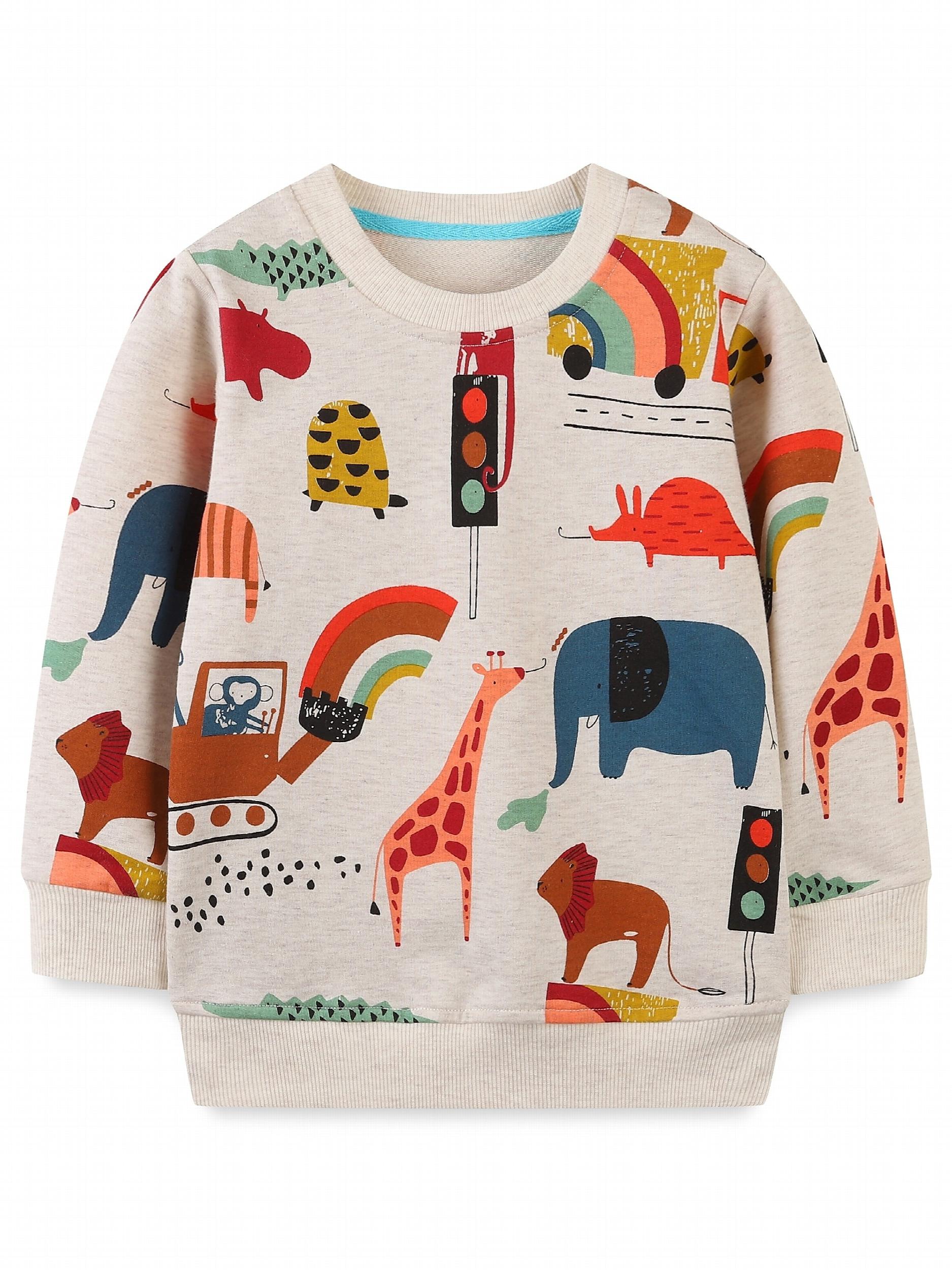 Cartoon Animals Print Boys Sweatshirt Crew Neck Long Sleeve Kids Clothing