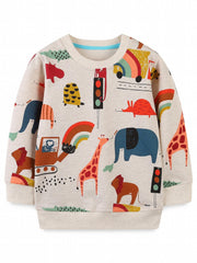 Cartoon Animals Print Boys Sweatshirt Crew Neck Long Sleeve Kids Clothing