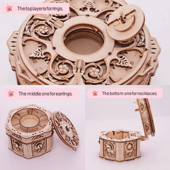 Vintage 3D Puzzle Music Box Layered Mechanical Intricate Carvings Beige Wooden