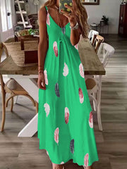 Feather Print V Neck Maxi Cami Dress