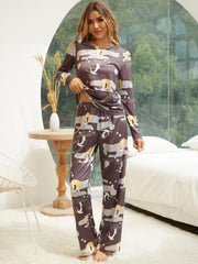 Crane Print Lounge Set Long Sleeve Top & Pants Women's Loungewear