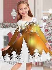 Christmas Night Graphic Long Sleeve Dress Girls Crew Neck Dresses