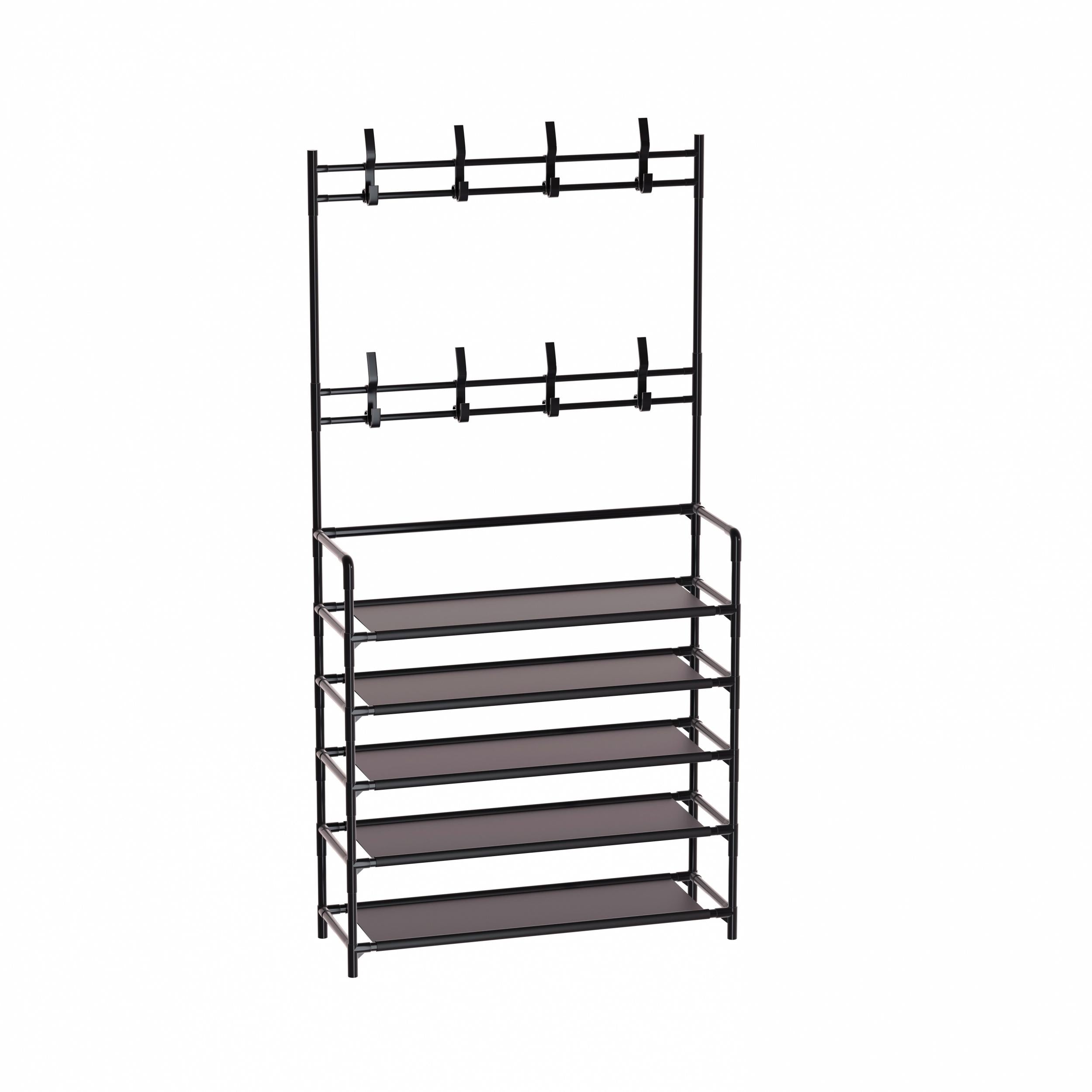 Stackable Shoe Rack With 8 Hooks 4 Layers Waterproof Cloth