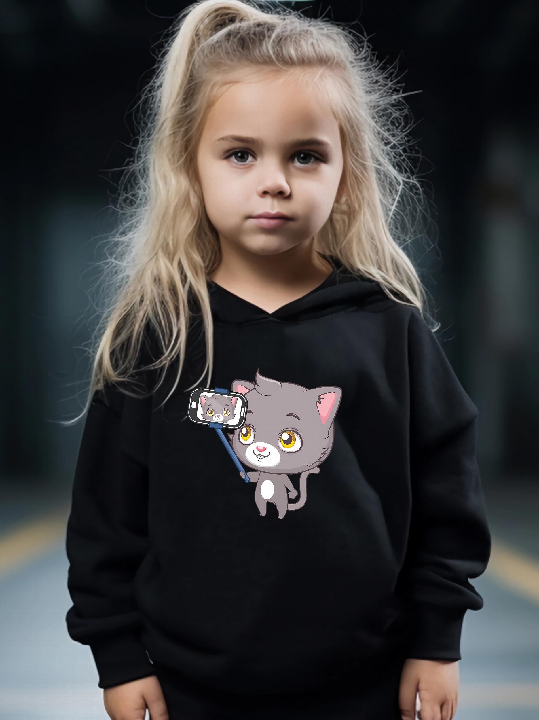 Cat Pattern Long Sleeve Hooded Sweatshirt Girls Comfy Hoodies Pullover