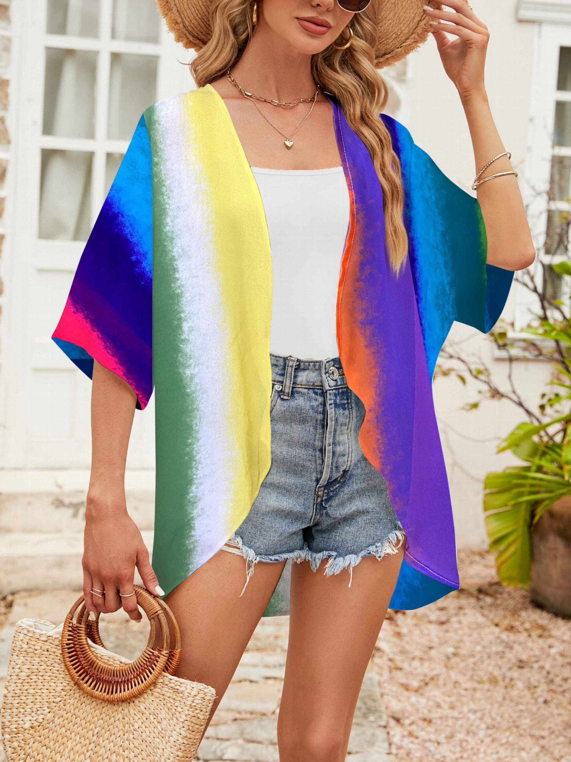 Rainbow Print Half Sleeve Cover Up Cardigan Open Front Vacation Kimono