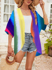 Rainbow Print Half Sleeve Cover Up Cardigan Open Front Vacation Kimono