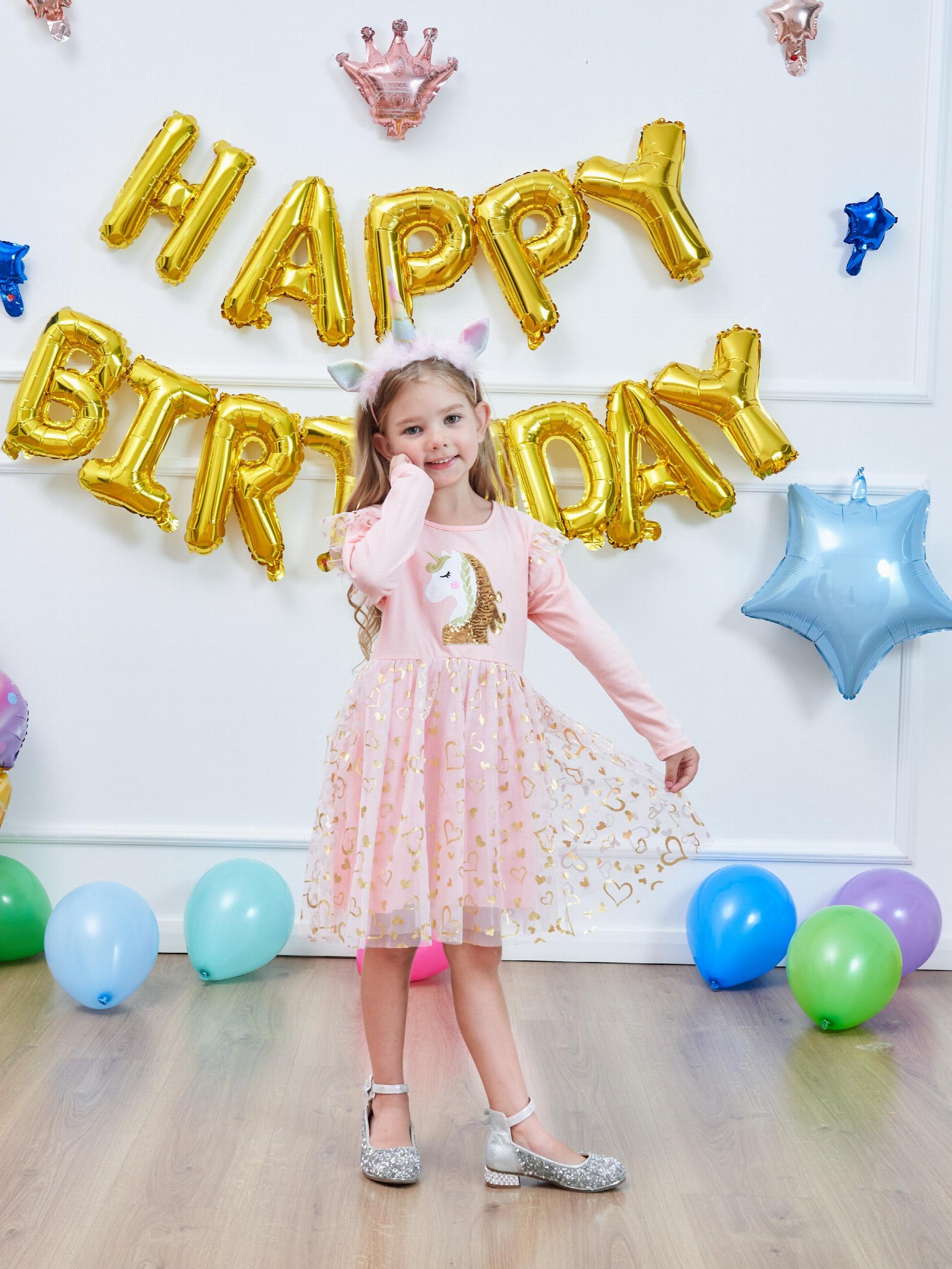 Princess Unicorn Sequin Long Sleeve Fall Dress Kids Birthday Party Wedding Tulle
